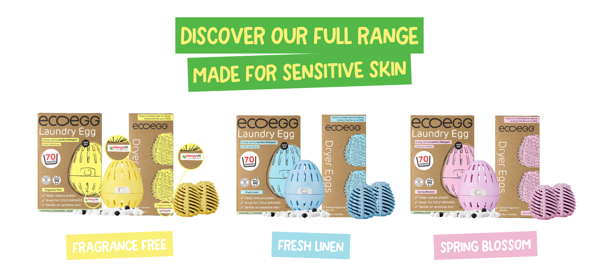 Collection of ecoegg laundry detergent egg products with packaging labelled 'Fresh Linen', 'Fragrance Free' and 'Spring Blossom'.
