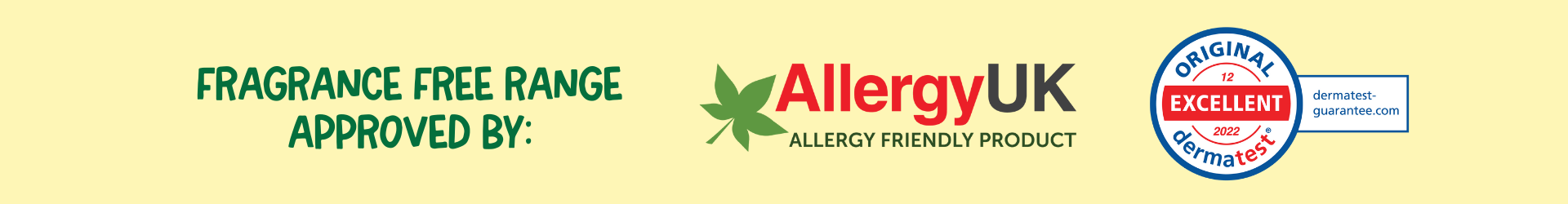Allergy UK logo on a yellow background with text indicating fragrance-free range approval.