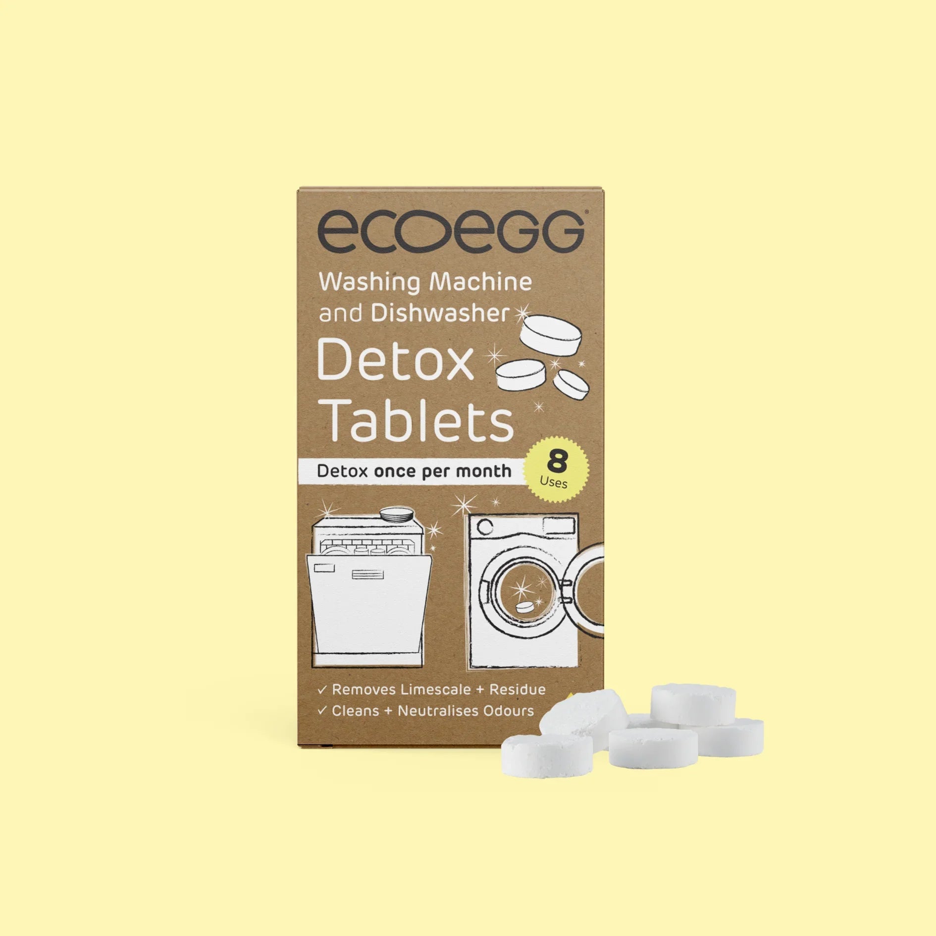 Box of ecoegg Detox Tablets for washing machines and dishwashers on a light yellow background