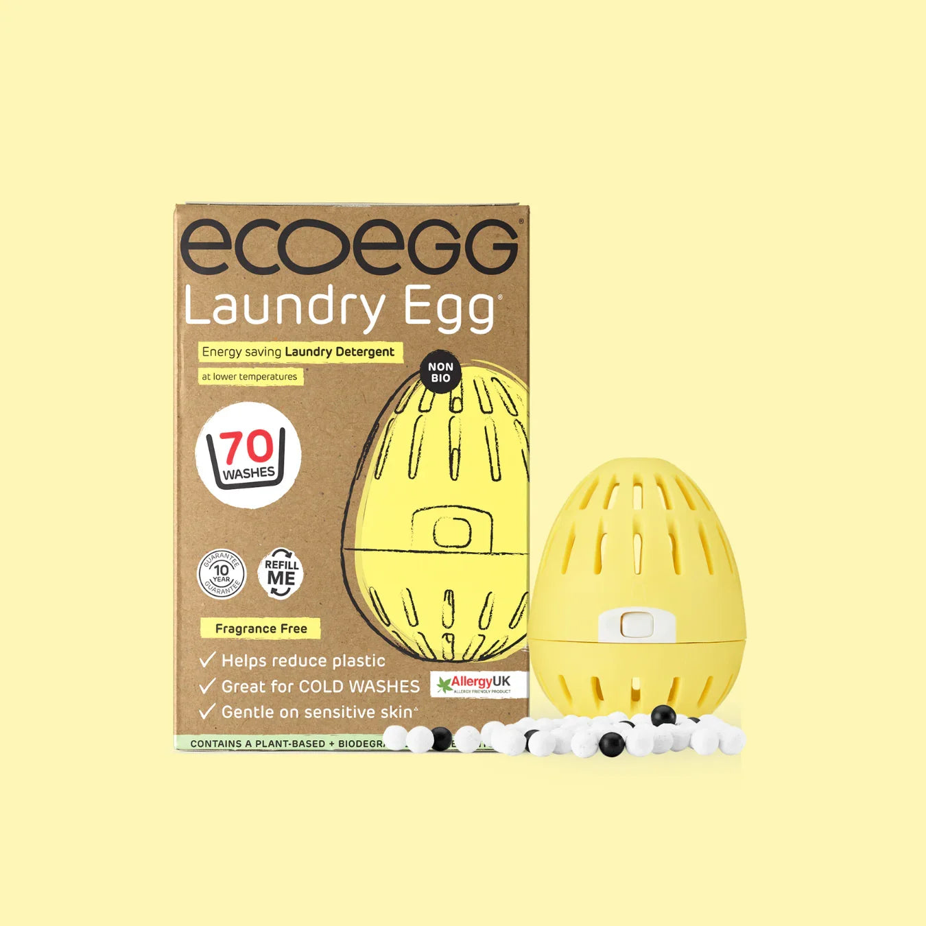 ecoegg laundry detergent egg and packaging on a light yellow background