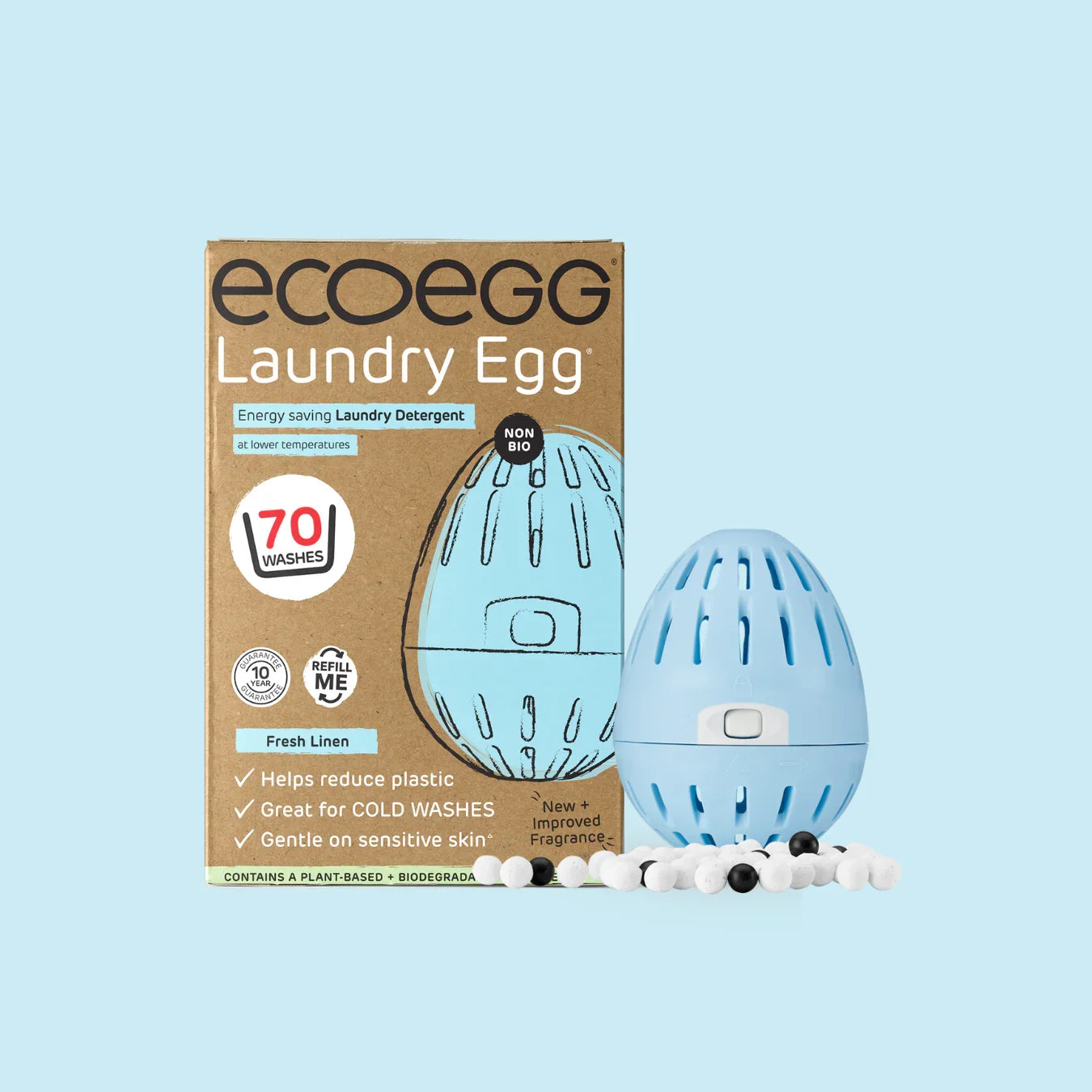 ecoegg laundry detergent egg and packaging on a light blue background