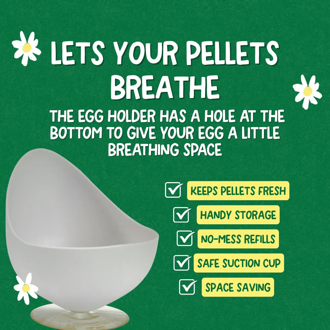 ecoegg egg holder with text on a green background, featuring an egg holder and text about keeping pellets fresh.