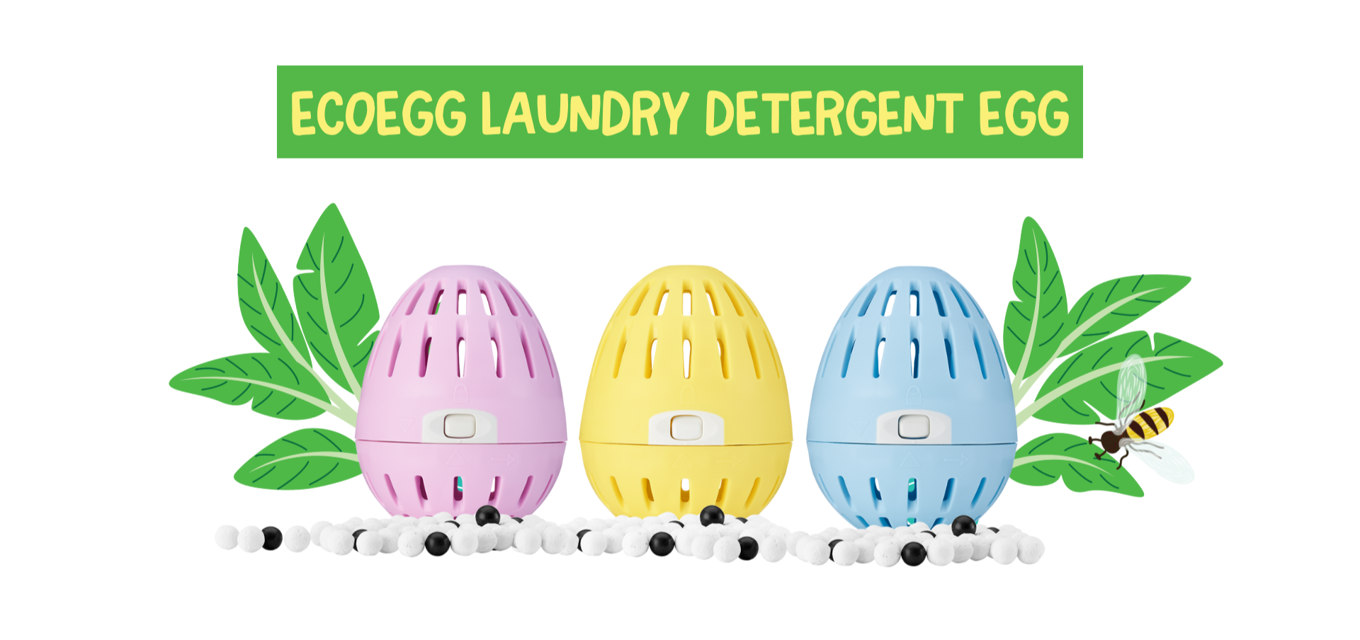 Three colorful laundry detergent eggs with leaves and a bee on a white background, labeled 'EcoEgg Laundry Detergent Egg'.