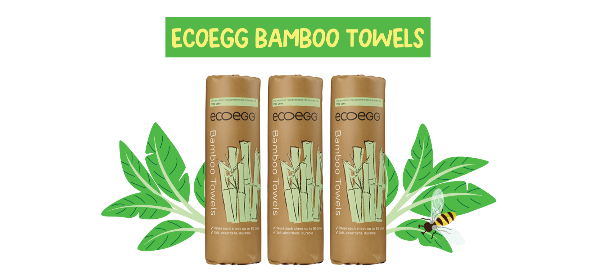 Three ecoegg bamboo towels with green leaves and a bee on a white background