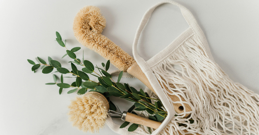 Eco-friendly laundry tips with green eucalyptus and natural cleaning brushes in a reusable cotton bag