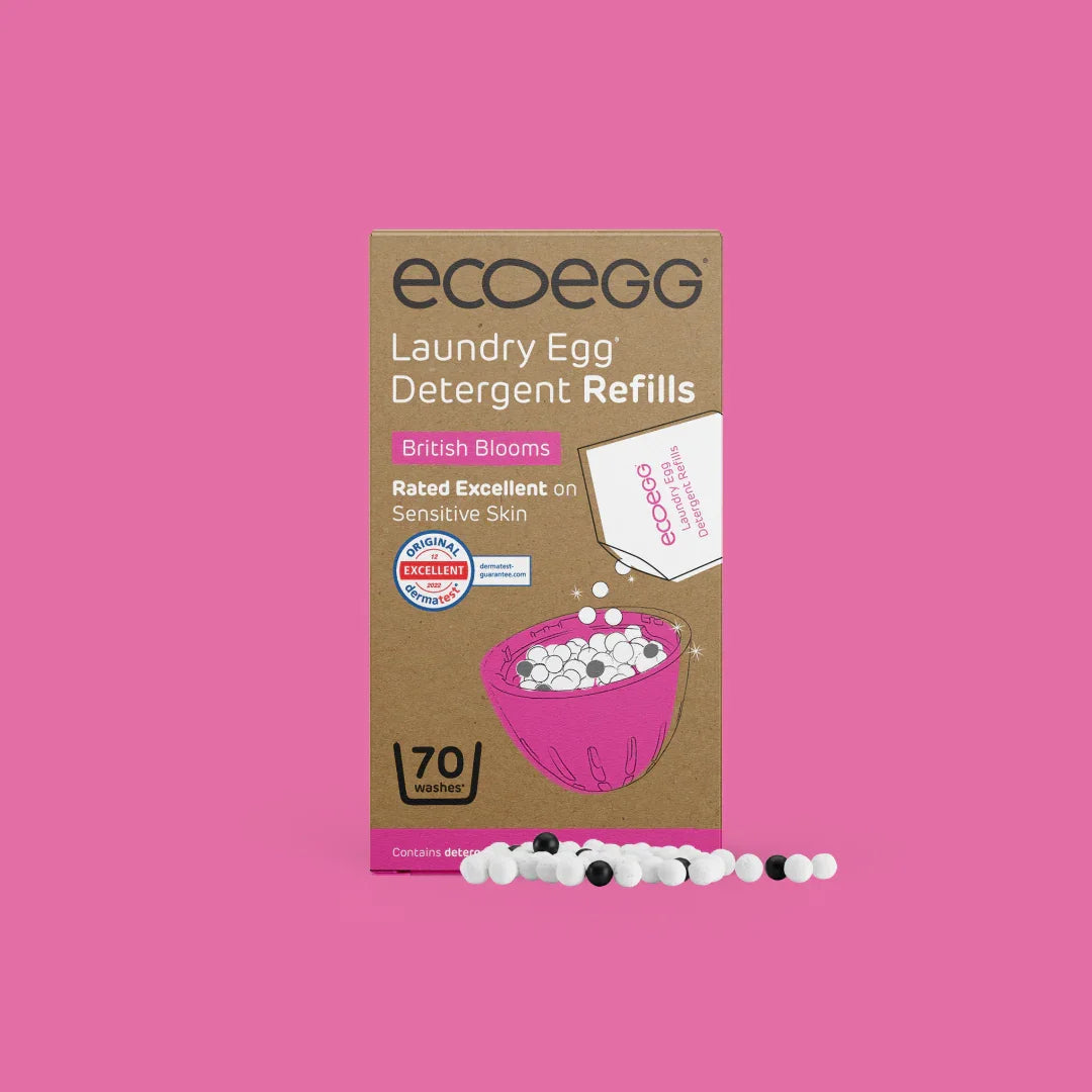 ecoegg laundry detergent refills British blooms packaging on a pink background