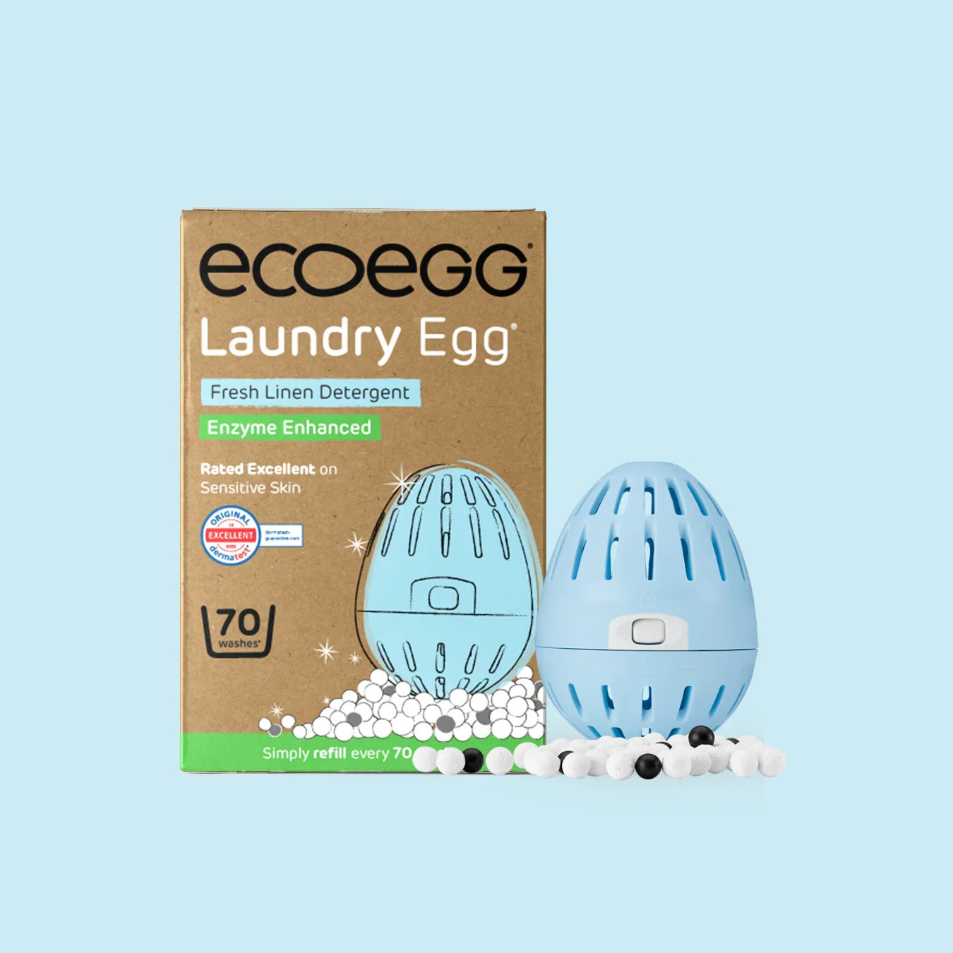 ecoegg laundry detergent egg with packaging on a light blue background