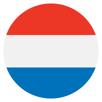 Flag of the Netherlands in a circular shape with red, white, and blue colors.