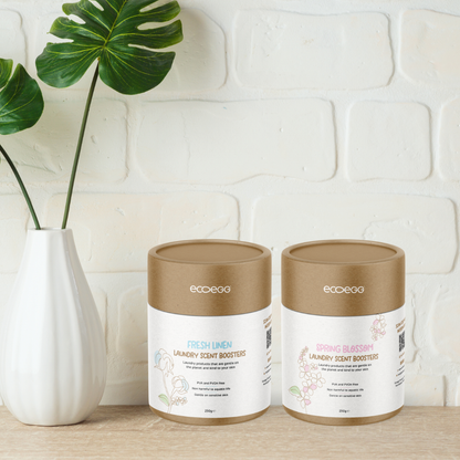 Two ecoego laundry scent booster containers on a wooden surface with a white textured wall and plant in the background.