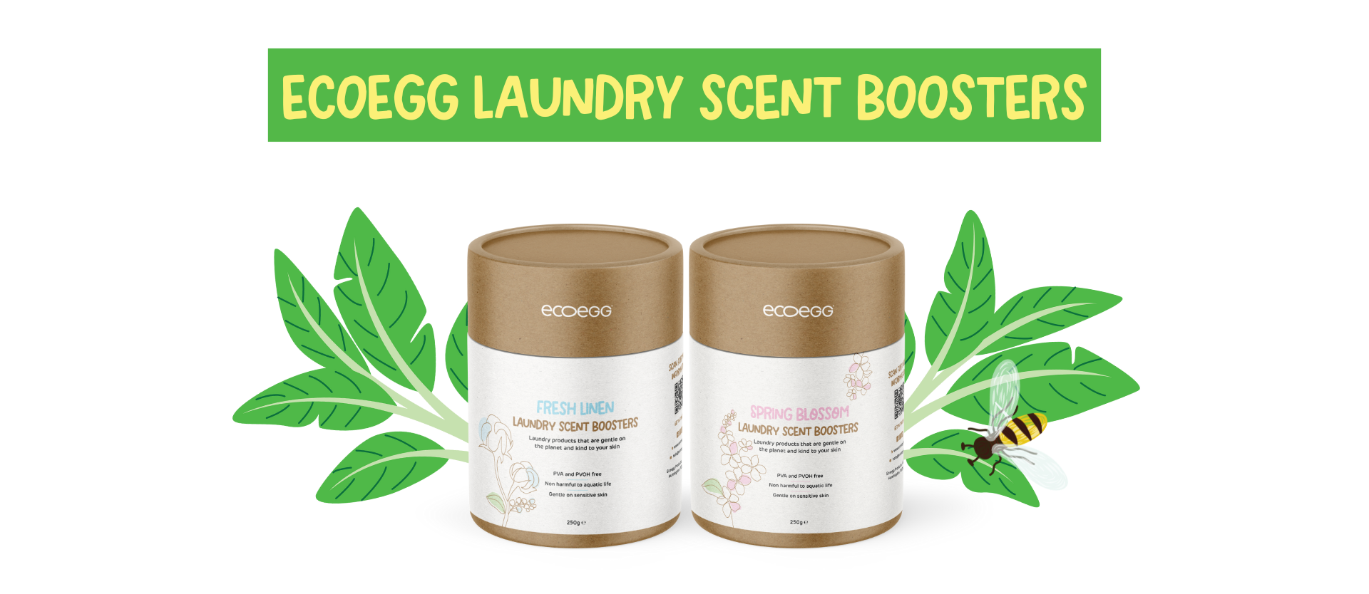 Two ecoegg eco-friendly laundry scent booster containers with green leaves and a bee on a white background.